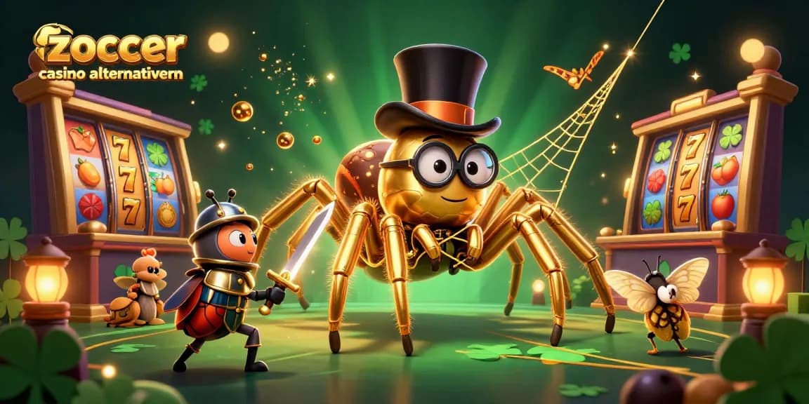 Zoccer Casino Alternativen entdecken, während eine goldene Tarantel und ein Kämpfer mit einem goldenen Schwert gegen den Jackpot kämpfen.