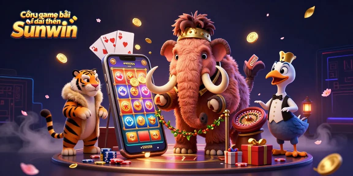 Cổng game bài đổi thưởng Sunwin showcases a vibrant and dynamic casino scene with playful characters and engaging game elements.
