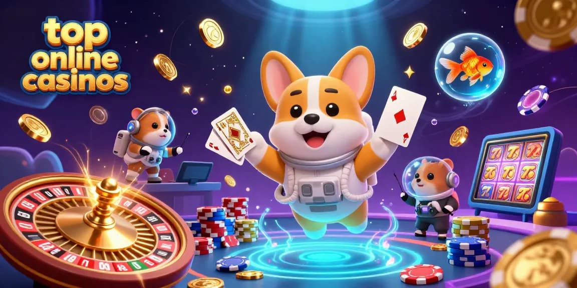 Experience the top online casinos with a vibrant 3D casino scene featuring an astronaut corgi and floating treasures.