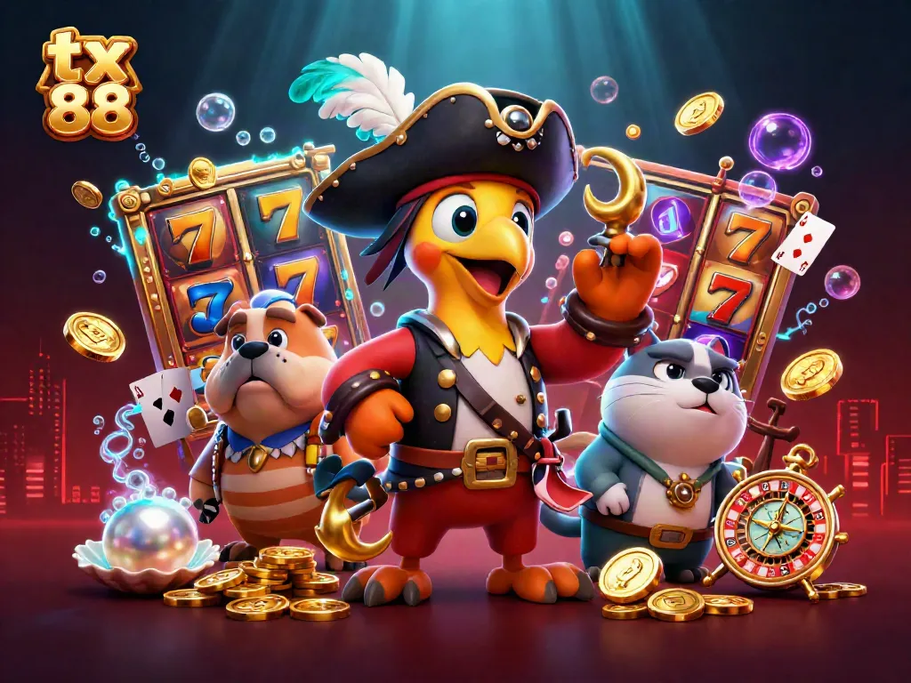 Experience the excitement of tx 88 with this vibrant 3D pirate scene featuring slot reels and treasure.