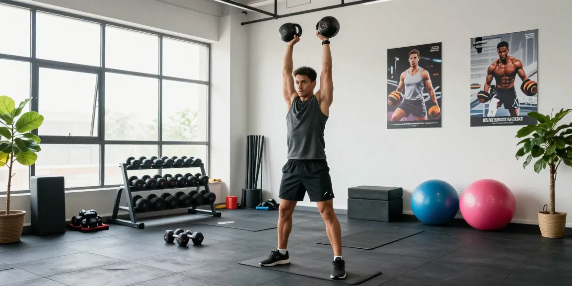 Sportler im Unique Pharma Shop Fitnessstudio während des Trainings mit Kettlebell, energiegeladen und motivierend.