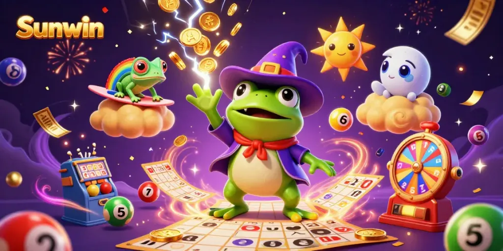 Win big with Sunwin in this vibrant, dynamic scene filled with golden coins and exciting lottery elements.