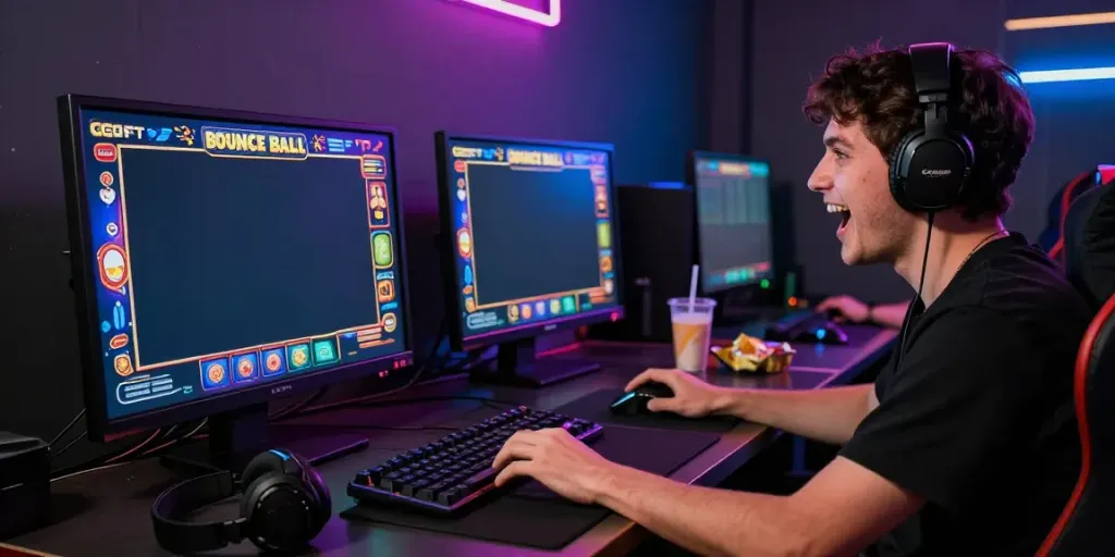 Player enjoying GGSOFT Bounce Ball Slot Game with vibrant graphics in a thrilling gaming setup