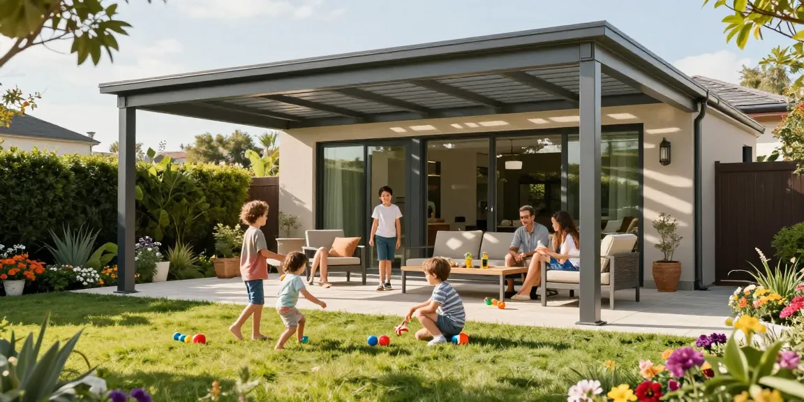 Familie unter Terrassenüberdachungen entspannend im Garten mit fröhlichen Momenten.