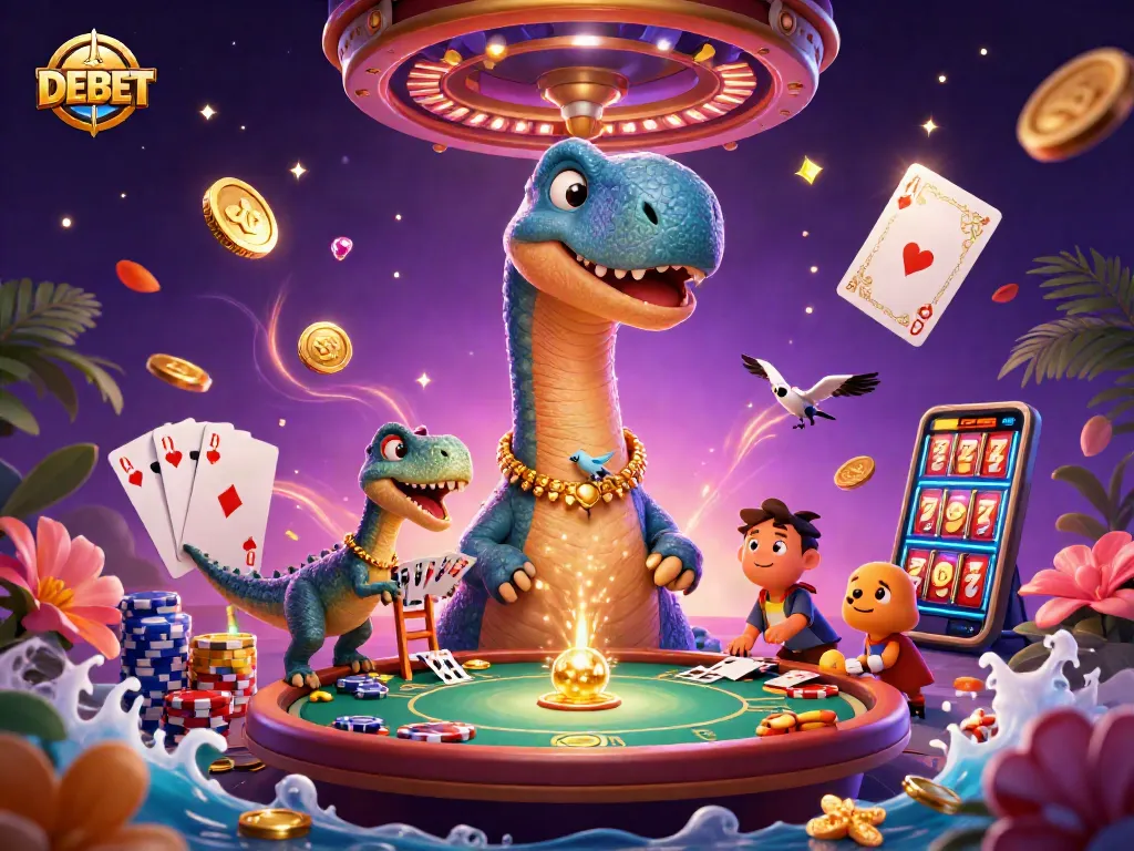 Experience the thrilling casino magic at DEBET with a colorful 3D illustration including characters and gaming elements.