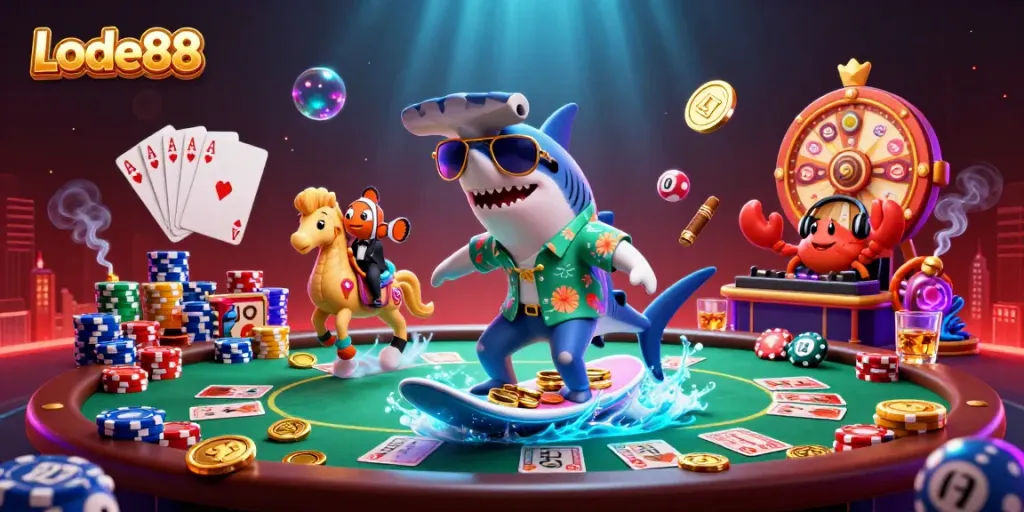 Experience the exciting world of Lode88 with a shark surfing on gold coins while playing cards surround him.