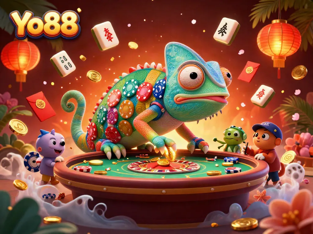 Engage with Yo88's lively casino scene as a colorful chameleon owner captures golden coins in a vibrant game display.