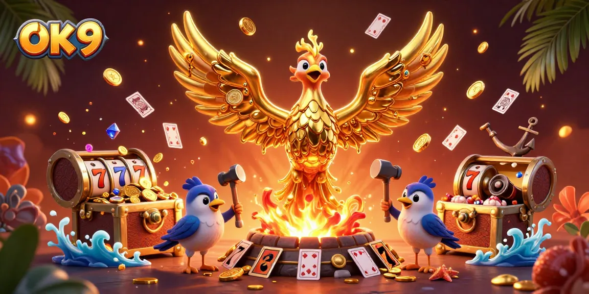 Experience the thrill of winning with OK 9 in this vibrant casino illustration featuring a phoenix and slot elements.
