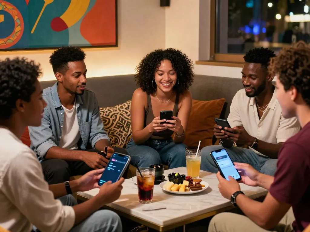 A lively urban gathering showcasing friends using a smartphone for spicy chat, with a cozy lounge atmosphere.