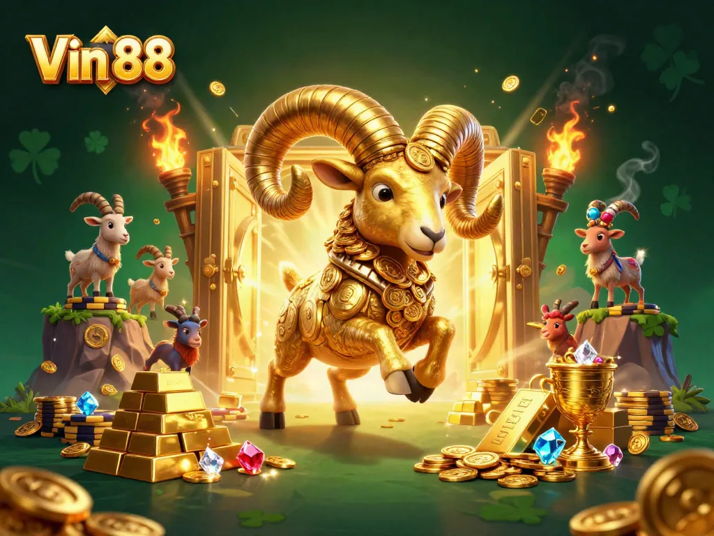 Engage with Vin 88's vibrant gaming world, featuring a golden ram and captivating treasures.