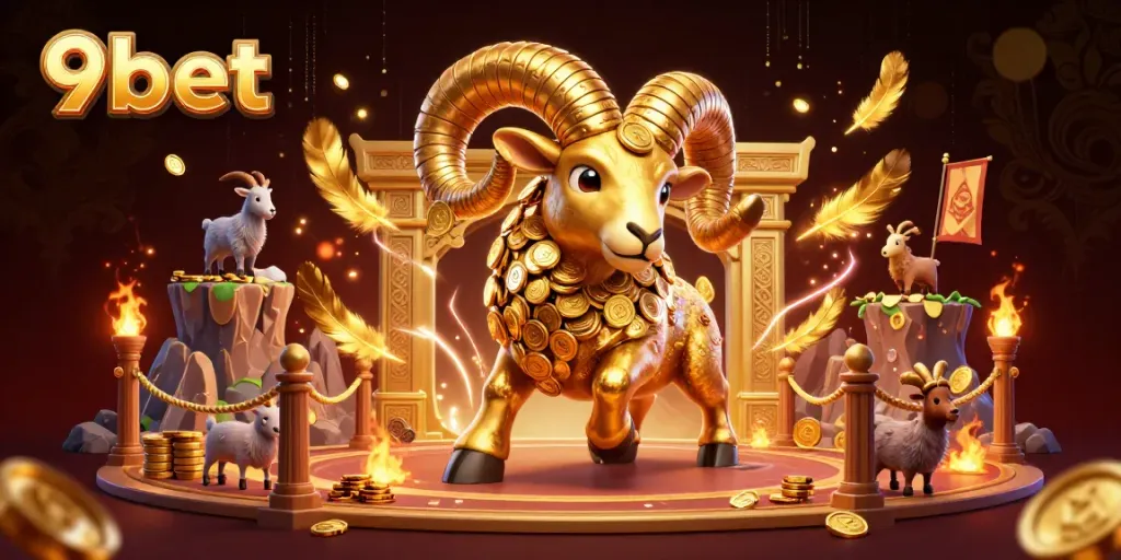 Play thrilling games at 9bet with a dynamic scene showcasing a golden ram charging through a casino