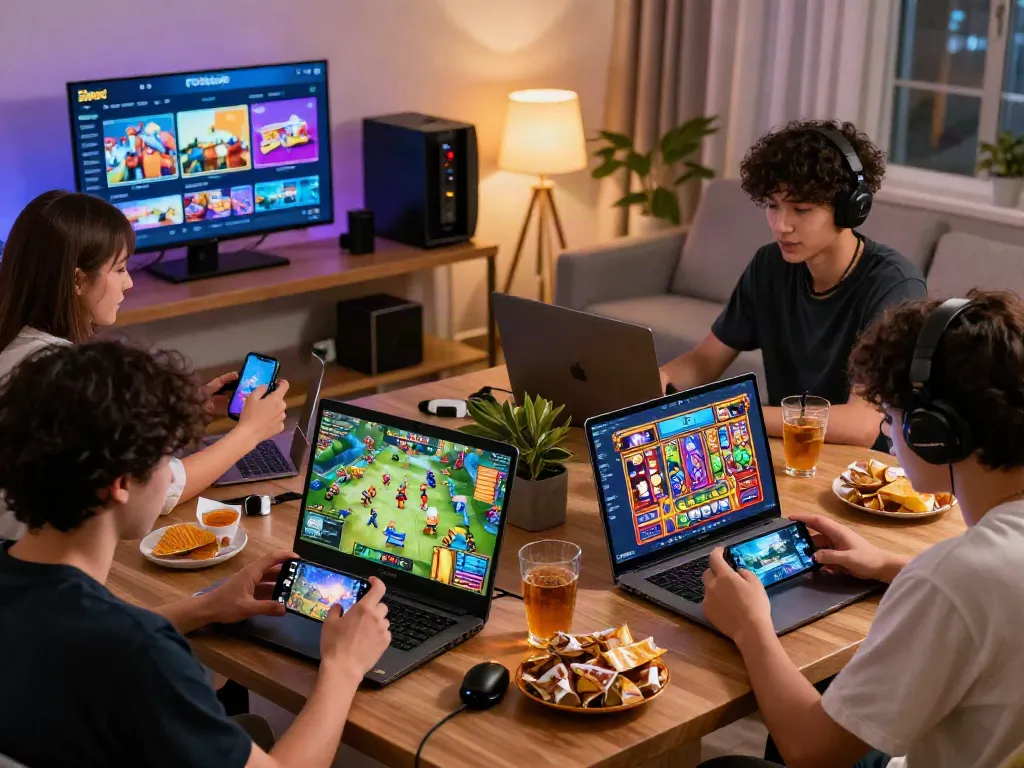 Players enjoying diverse games on rokok88 platform in a cozy living room.