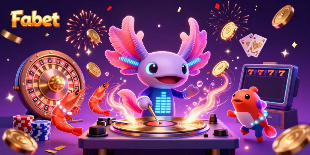 Experience vibrant gameplay at Fabet with a neon-colored axolotl DJ, dazzling characters, and dynamic casino elements.