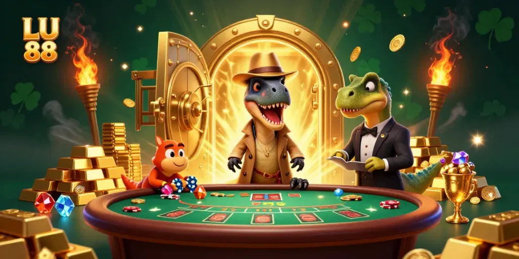 LU 88 velociraptor card counter sneaks at blackjack table surrounded by gems and golden treasures.