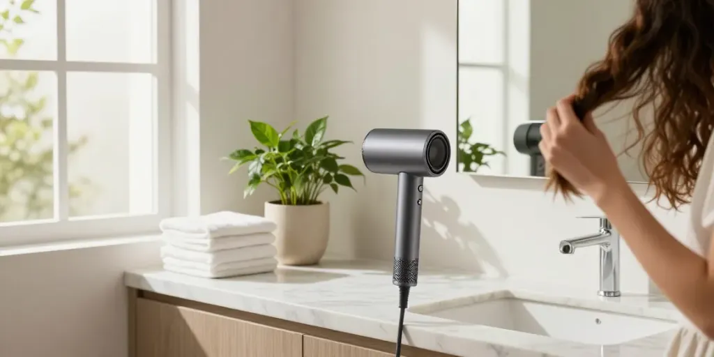 Eleganter Ionen-Haartrockner auf einem Marmortisch im Badezimmer mit frischen Handtüchern und Pflanzen im Hintergrund.