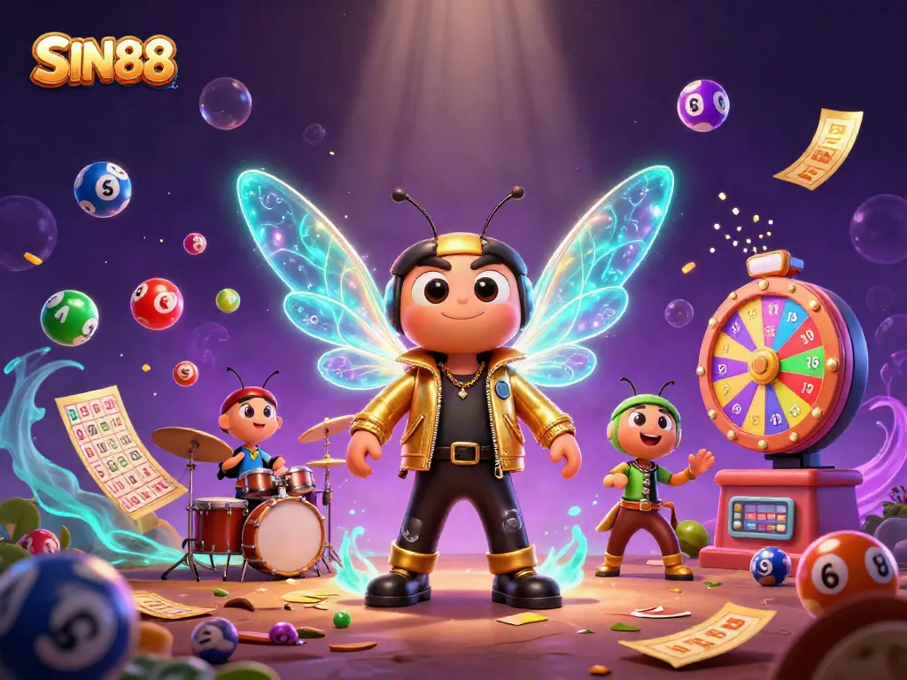 SIN88 offers an energetic 3D illustration showcasing a vibrant casino scene with colorful elements and a buzzing atmosphere.