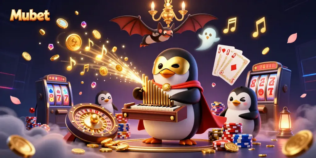 Experience thrilling casino action at Mubet with a whimsical 3D penguin organist surrounded by gold coins and vibrant game elements.