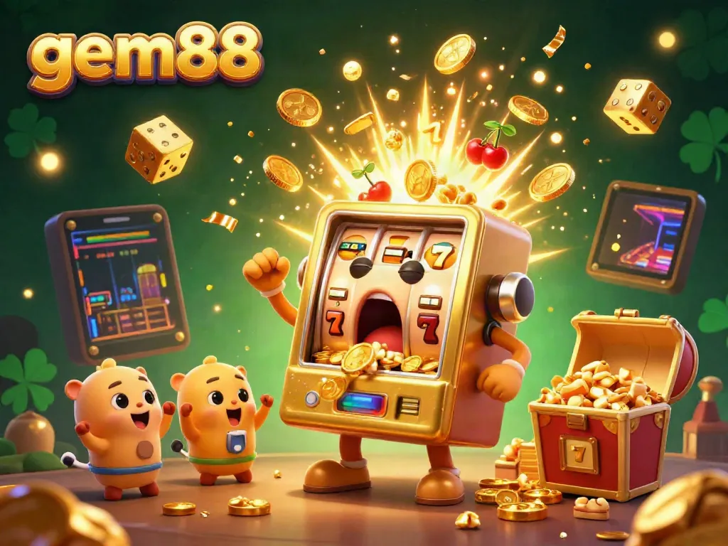Spin and win at gem88 with a golden slot machine celebrating its jackpot amidst cheering companions.