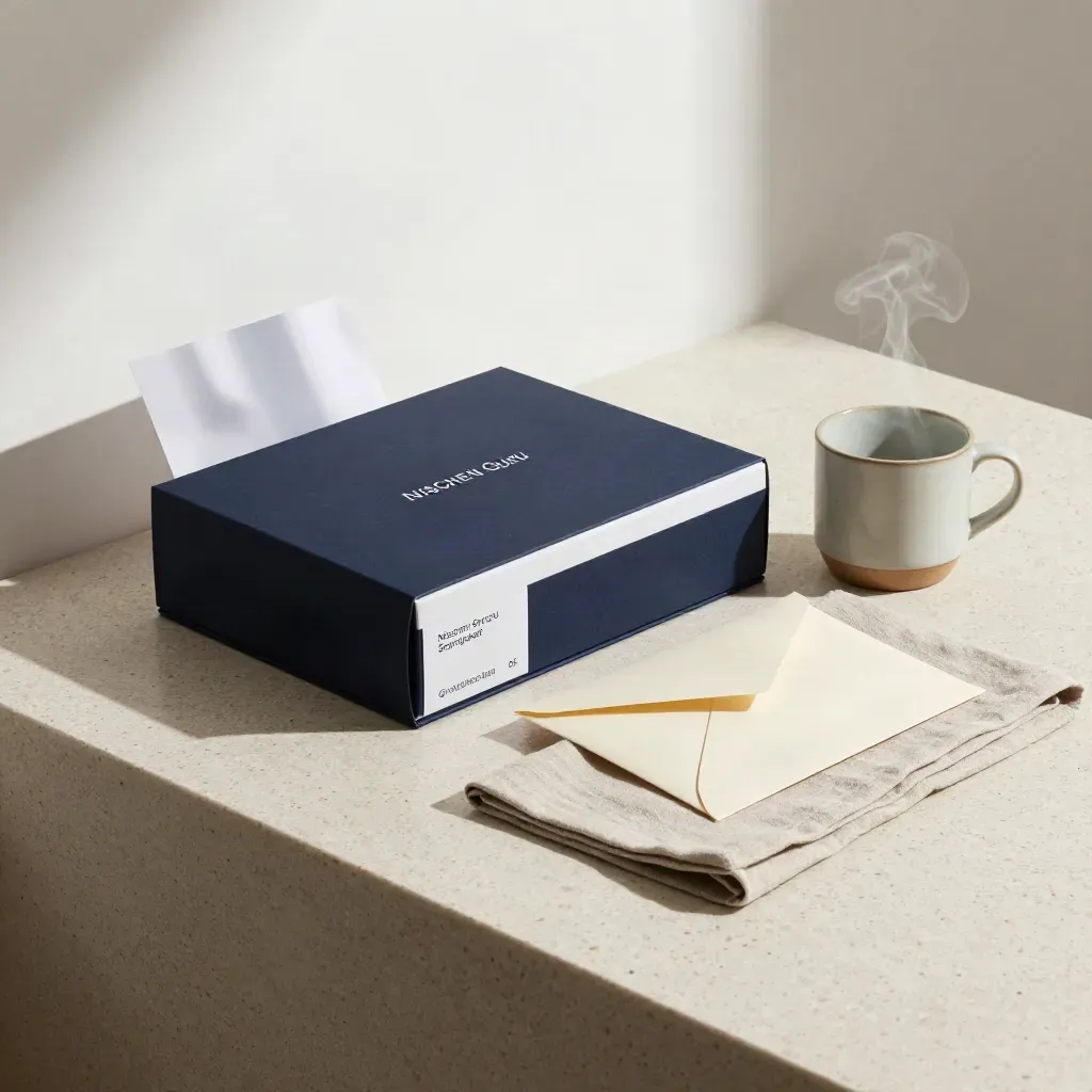 Nischen-Startpaket-Box mit Workbook-Stapel, Tasse und Leinenmatte im hellen Studio.