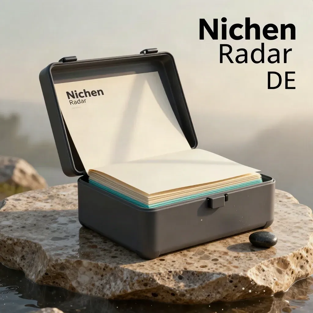 Offene Nischen-Radar-Box auf Travertin mit Karten, Hülle und Stein im weichen Licht.