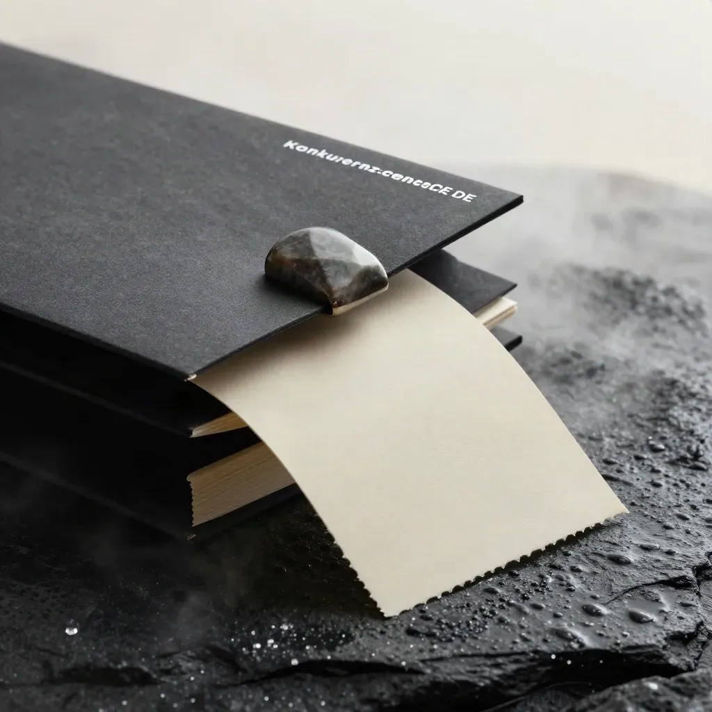 Charcoal-Dossier mit Steinclip auf nassem Basalt, von oben links hart beleuchtet.