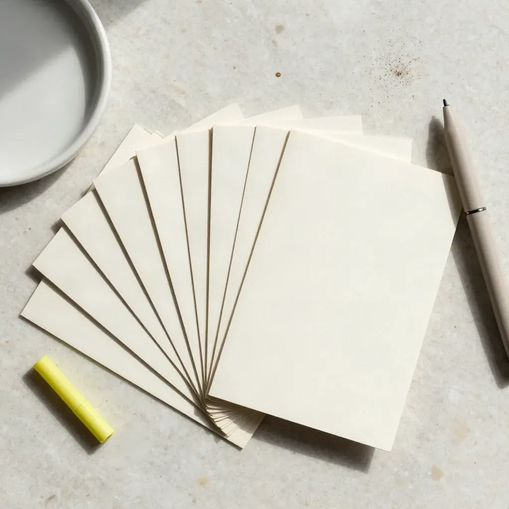 Overhead-Flachlay mit Ideen-Planer, fächernden Karten, Schale und Stift auf hellem Travertin.