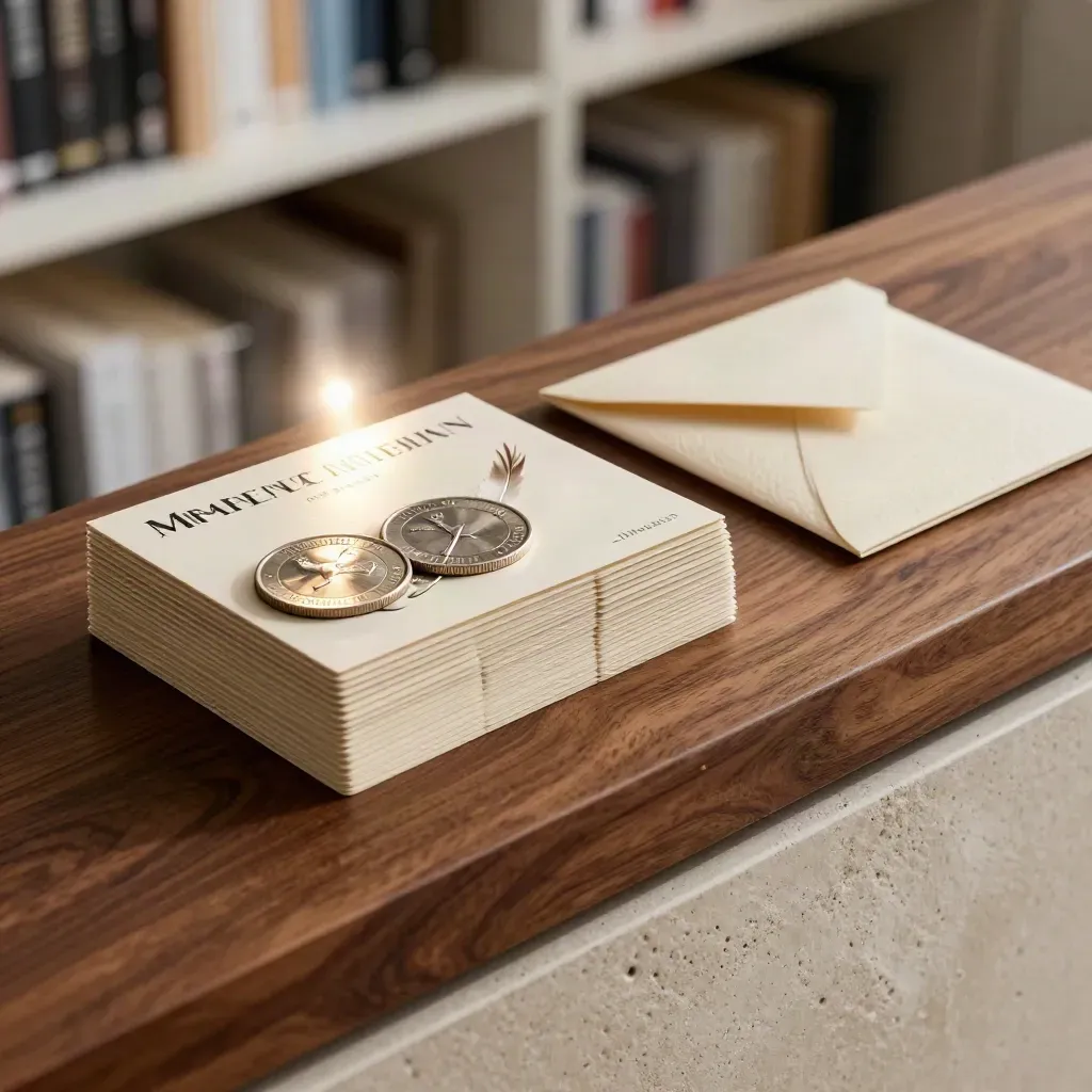 Markantes Monetarisierungs-Set mit Karten, Metallplättchen und Umschlag auf hellem Holz.