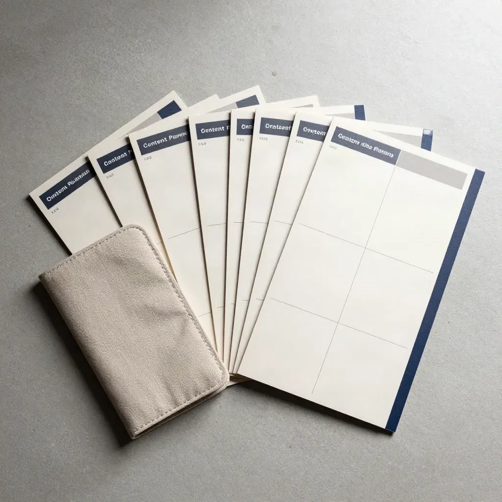 Modulare Content-Plan-Karten und gefaltete Planner-Hülle auf hellem Beton, von oben.