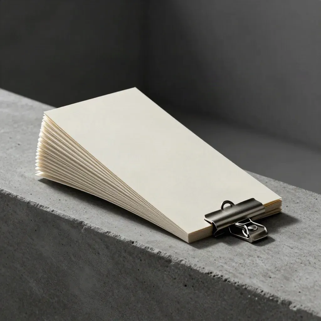 Schlankes Affiliate-Folio mit Tabkarten und Metallclip auf kühler Betonkante.
