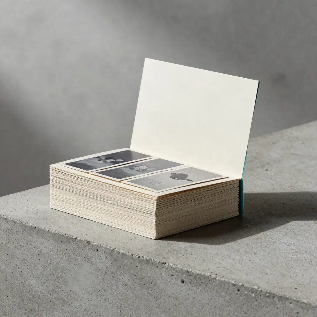 Monetarisierungs-Kartenpaket im Papiersleeve auf Beton, hell und hochwertig.