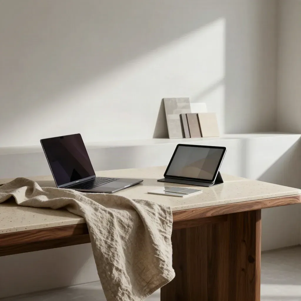 Atelier mit Travertin, Leinen und Laptop für Keyword-Research im Morgenlicht.