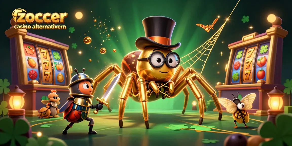 Zoccer Casino Alternativen entdecken, während eine goldene Tarantel und ein Kämpfer mit einem goldenen Schwert gegen den Jackpot kämpfen.