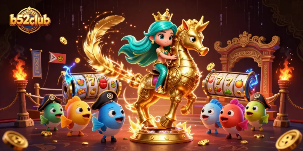 Engage in thrilling slots at b52club featuring a mermaid princess and seahorse in a vibrant casino scene.