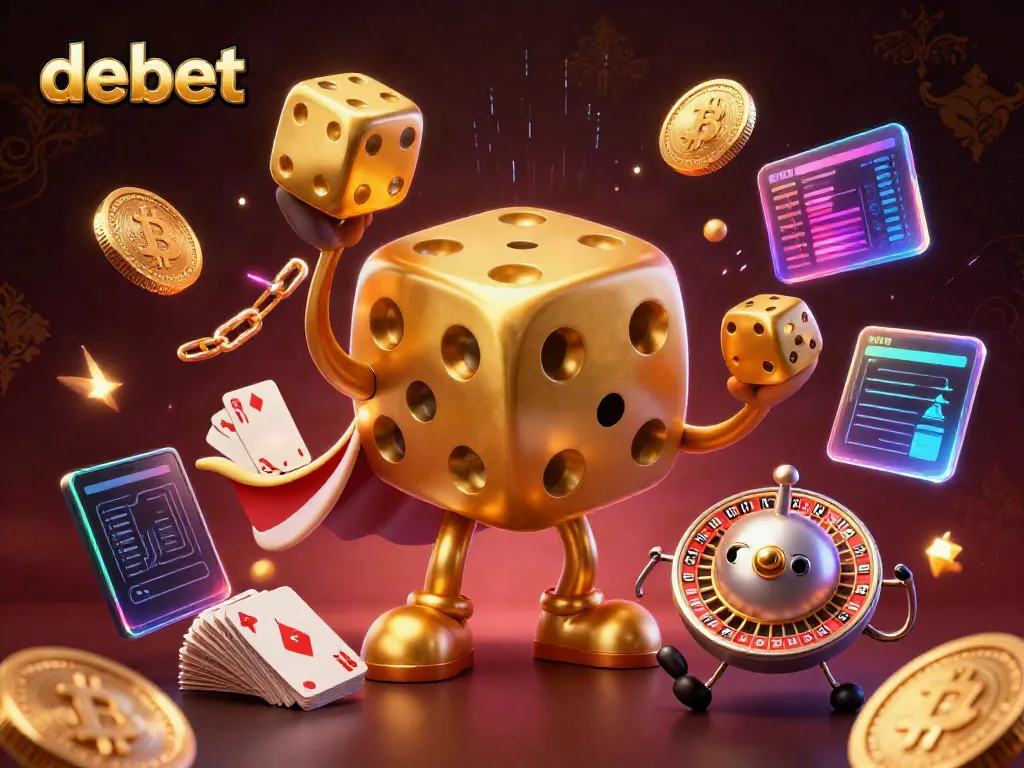 Engage in thrilling gaming with debet's vibrant 3D casino-themed illustration, showcasing dynamic gambling elements.