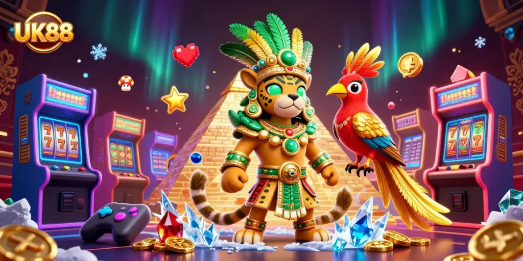 Experience thrilling gaming at UK88 with a dynamic 3D illustration of Mayan characters amidst vibrant casino elements.