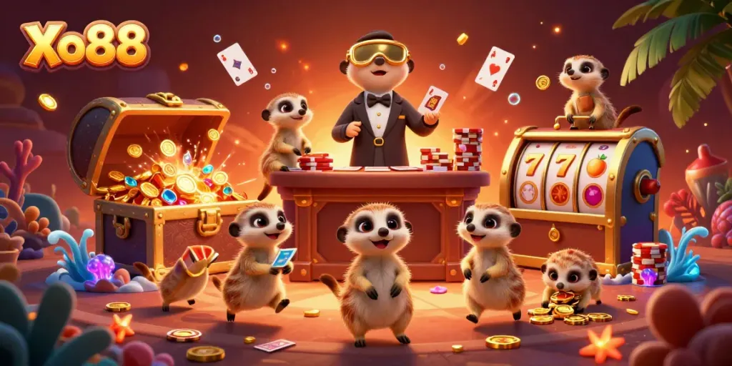 Experience thrilling games at Xo88 with animated meerkats managing a vibrant casino scene.
