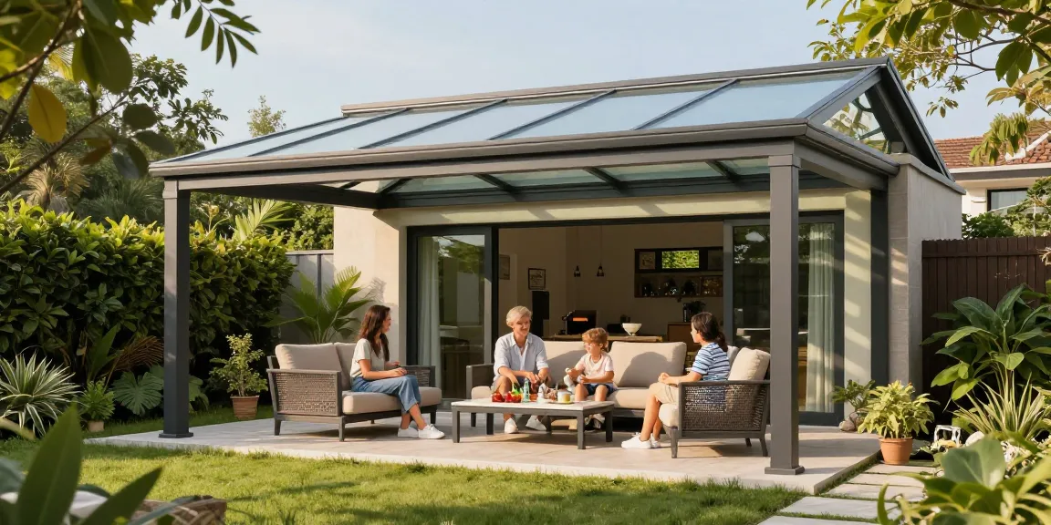 Moderne freistehende Terrassenüberdachung für den Garten, Familie genießt den Sommer unter dem Dach.