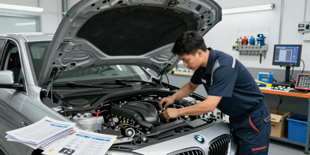 Professioneller Mechaniker in der BMW Werkstatt Hannover bei der Motorreparatur, umgeben von hochwertigem Werkzeug und Ausrüstung.