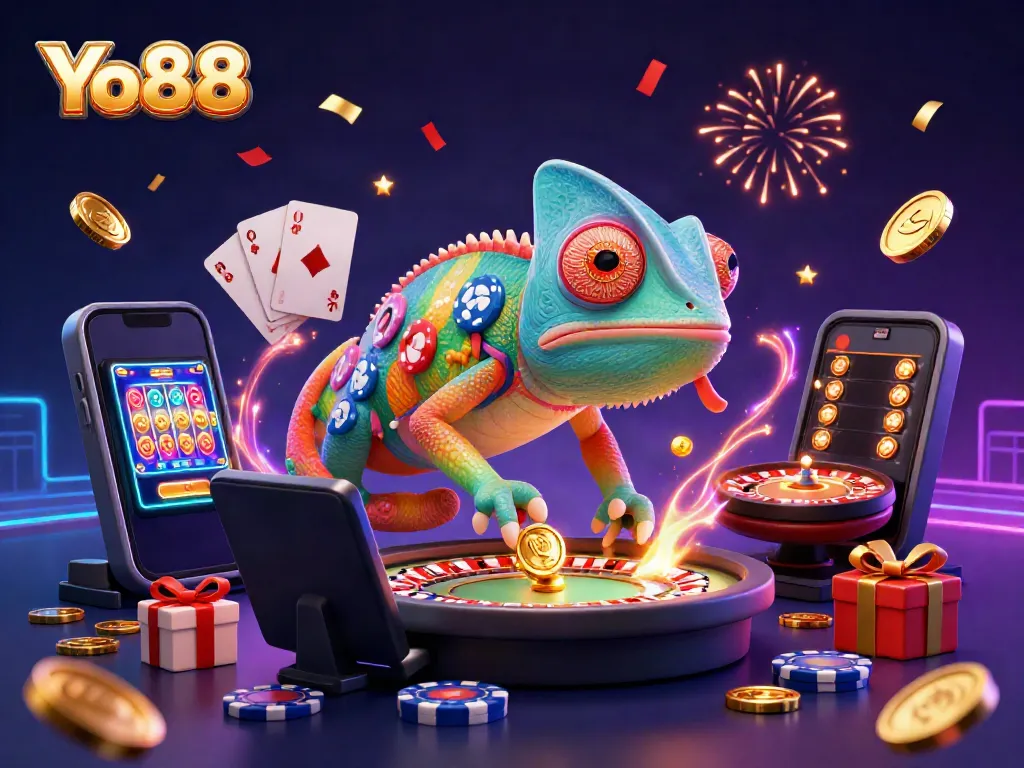 Experience the vibrant casino atmosphere at Yo88 with an engaging chameleon owner capturing coins and vibrant slot games.