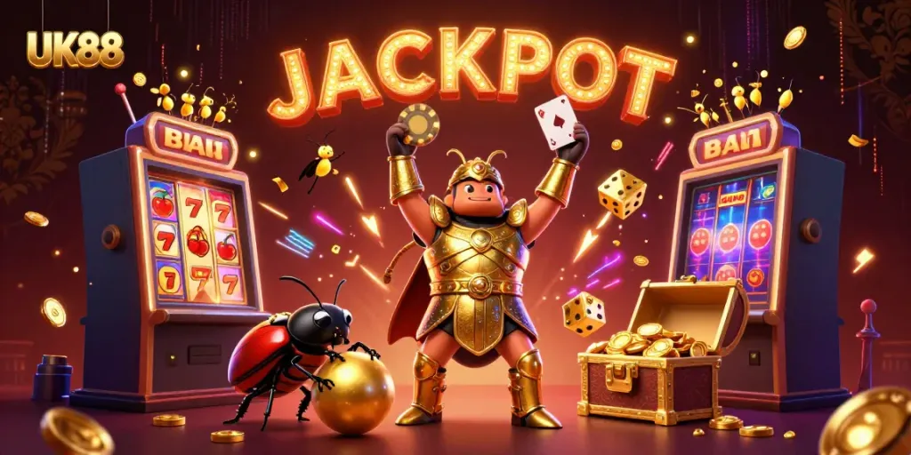 UK88 brings excitement with a victorious hercules beetle and overflowing treasures in a dynamic casino illustration.
