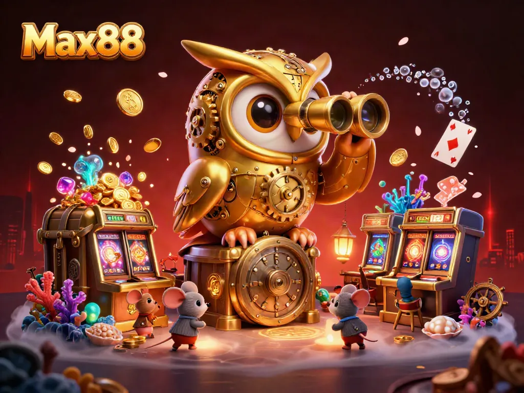 Experience the excitement of Max88 with thrilling casino action featuring a golden owl and lively mouse patrons.