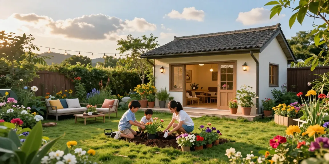 Ein Garten Haus umgeben von bunten Blumenbeeten, eine Familie beim Pflanzen und Genießen der Gartenzeit.