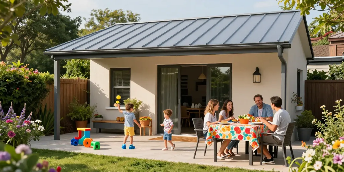 Moderne Terrassenüberdachung mit Familie, die draußen eine sonnige Zeit genießt.