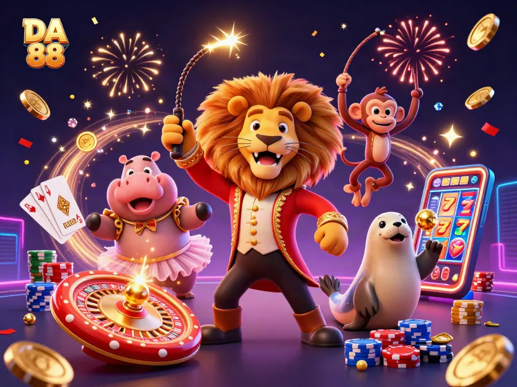 Engage with DA 88’s vibrant 3D casino illustration featuring dynamic characters amidst dazzling game elements.
