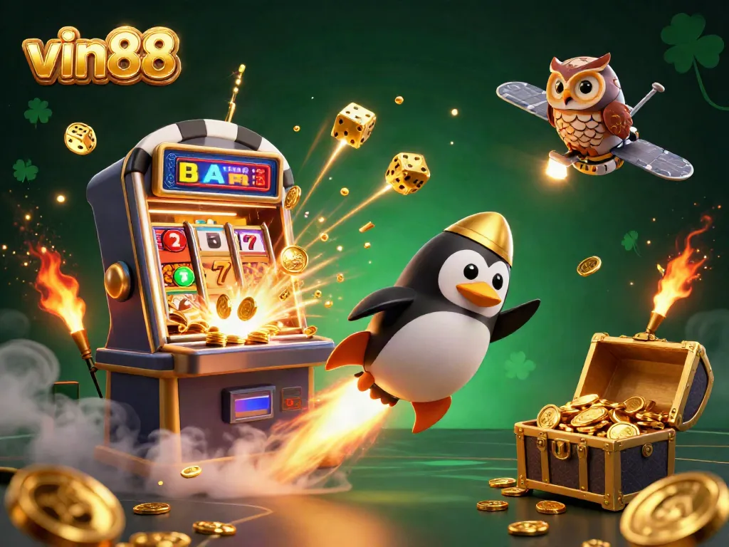 Experience the excitement of vin88 with a golden penguin and jackpot slots in a vibrant 3D illustration.