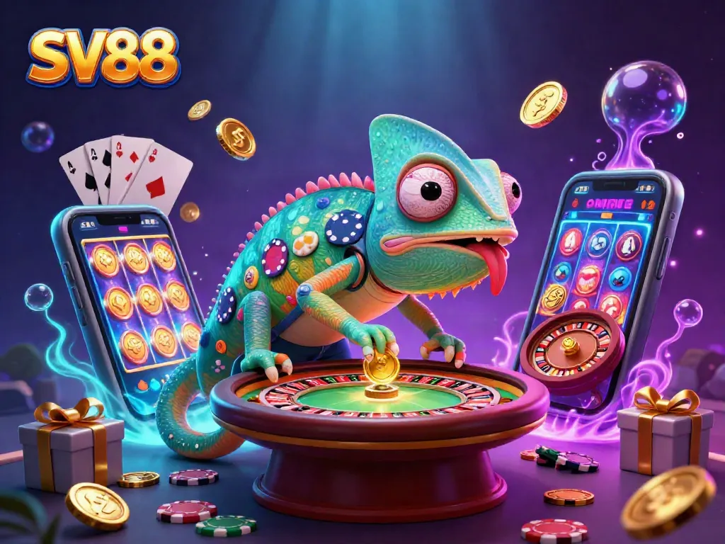 Engage with SV88's vibrant gaming world through this chameleon casino owner, showcasing dynamic slots and table games.