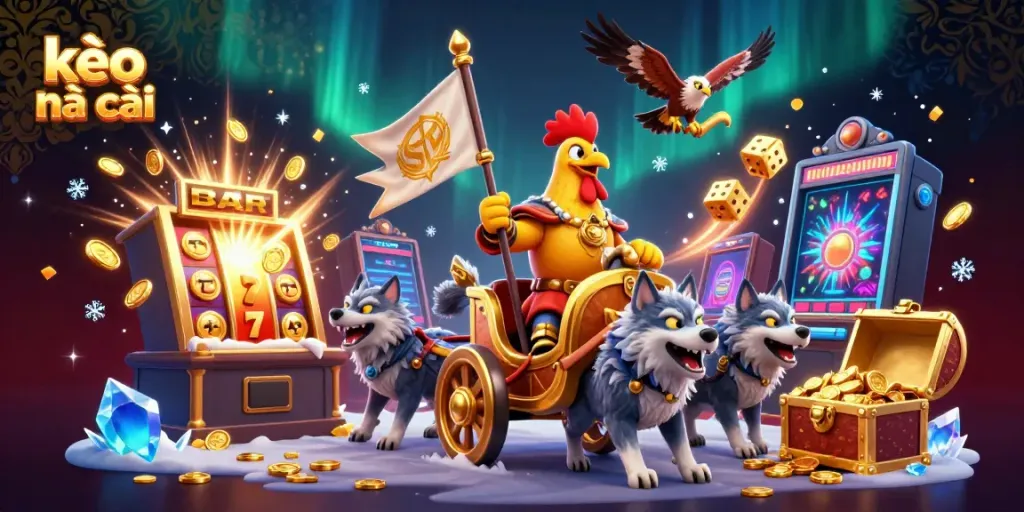 Experience the excitement of kèo nhà cái with dynamic gaming elements and a cartoon rooster warlord.