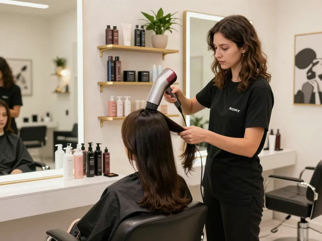 Professioneller Einsatz eines ionen haartrockners im modernen Schönheitssalon.