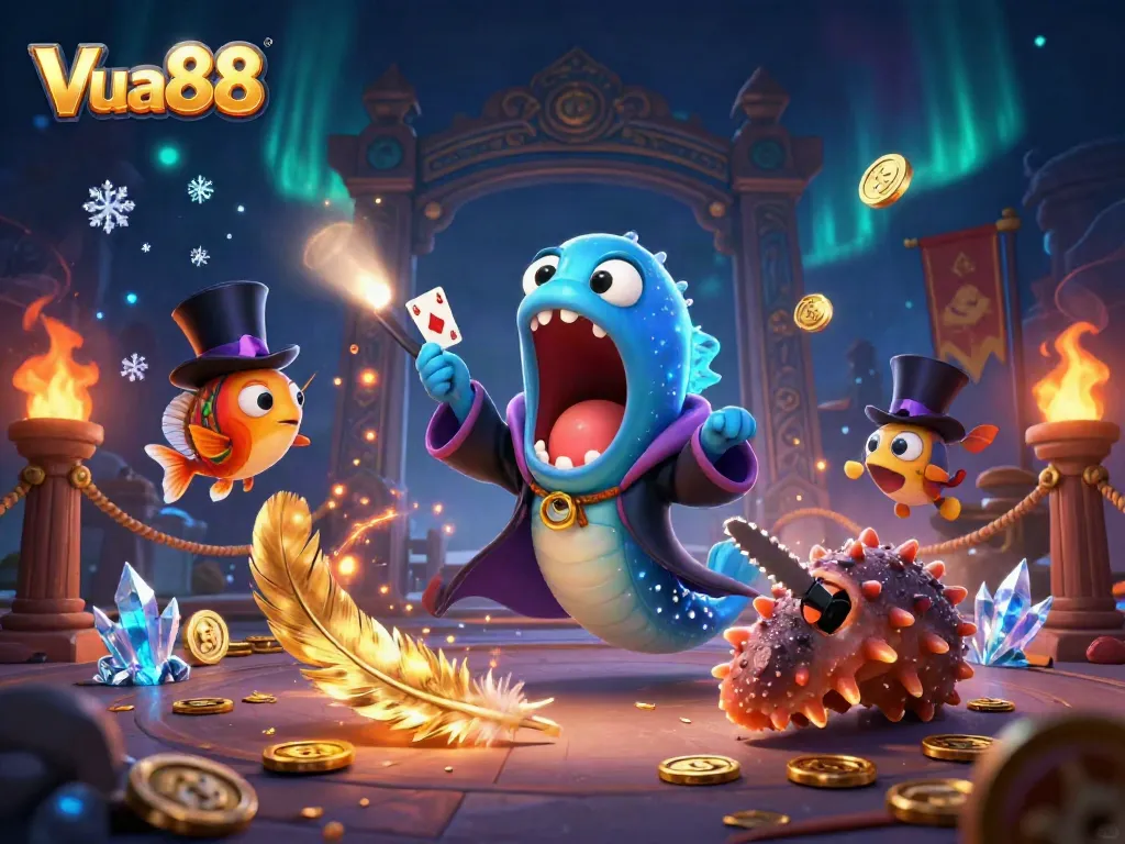 Vua88 showcases a vibrant underwater casino scene with a gulper eel performing tricks.