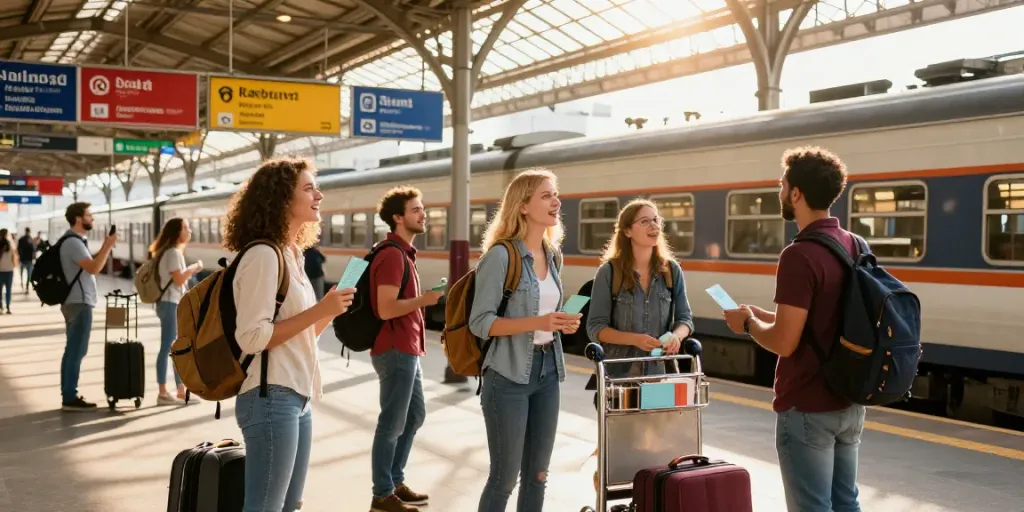 Zugticket Angebote für Reisende am Bahnhof in der Abendsonne.